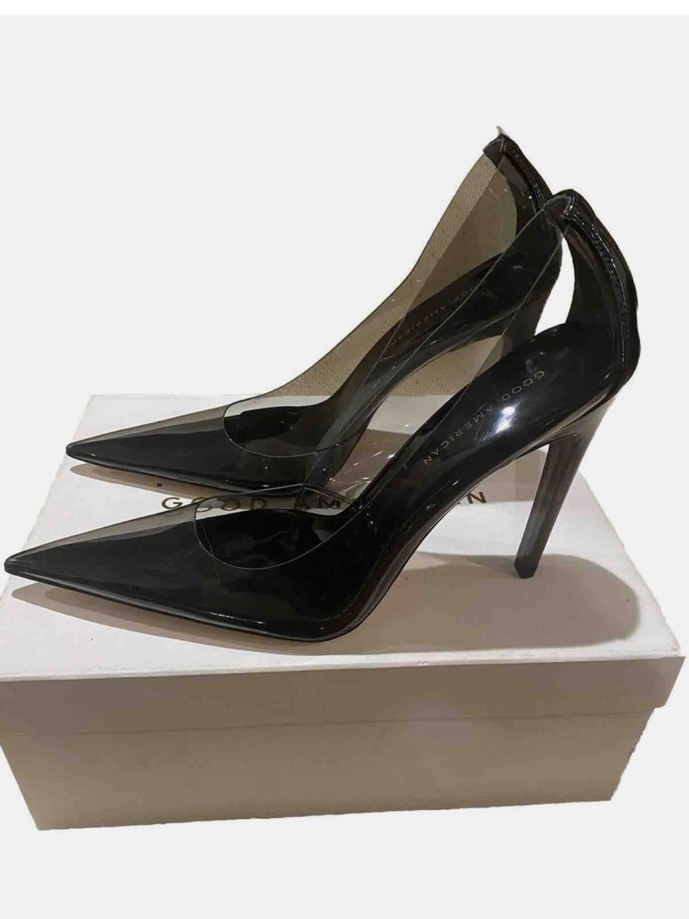 Good American Black Patent Pointed Toe Stiletto Pumps with Clear Panels